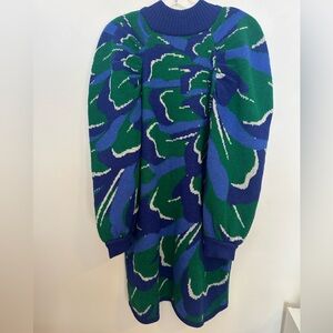 Farm Rio Knit Sweater Dress Balloon sleeves Size Large Floral Multi Color Blue